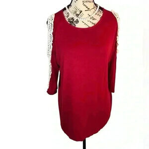 Grace & Emma Women’s Large Red Blouse Cold Shoulder Embroidered Sleeves